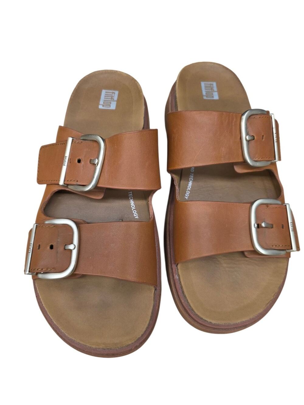 FitFlop GEN-FF Buckle Two-Bar Leather Slides Women US 8 Light Tan Comfort
